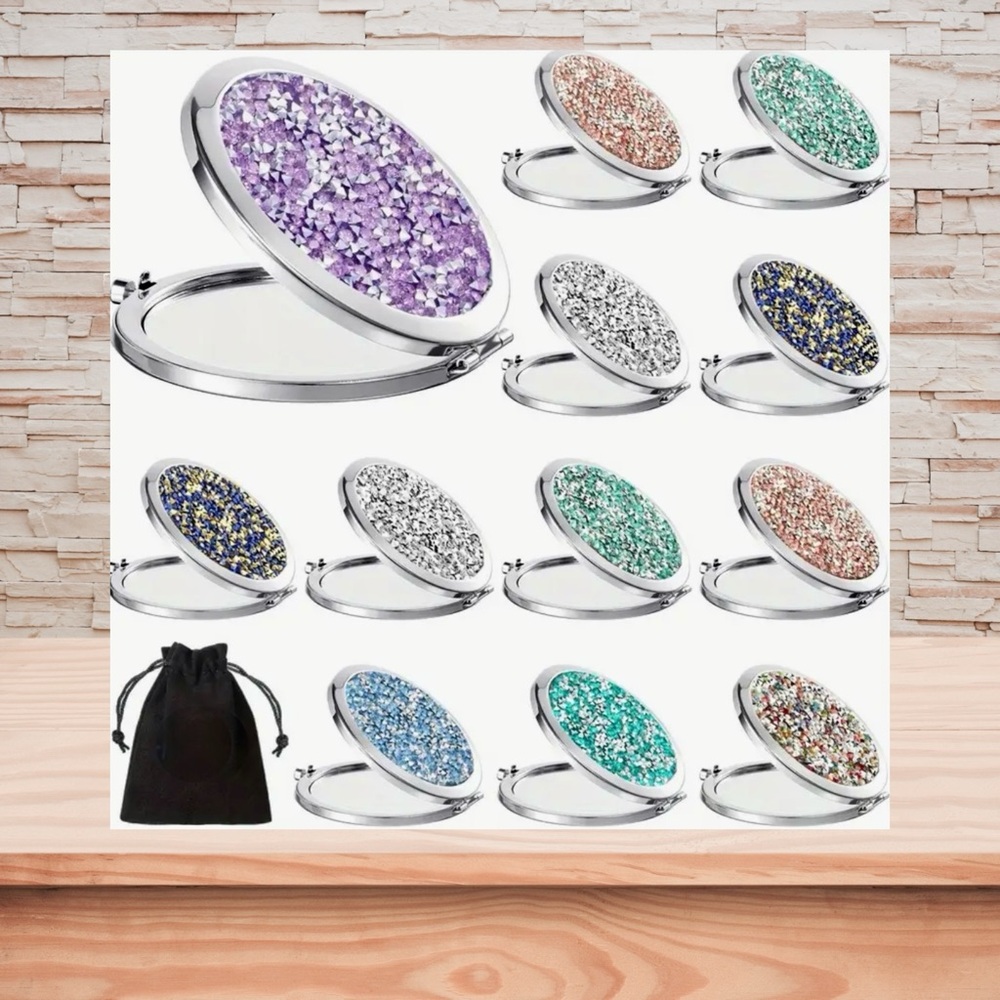 Set of 2 Compact Round Folding Rhinestone Hand Cosmetic Magnifying Mirror NWT